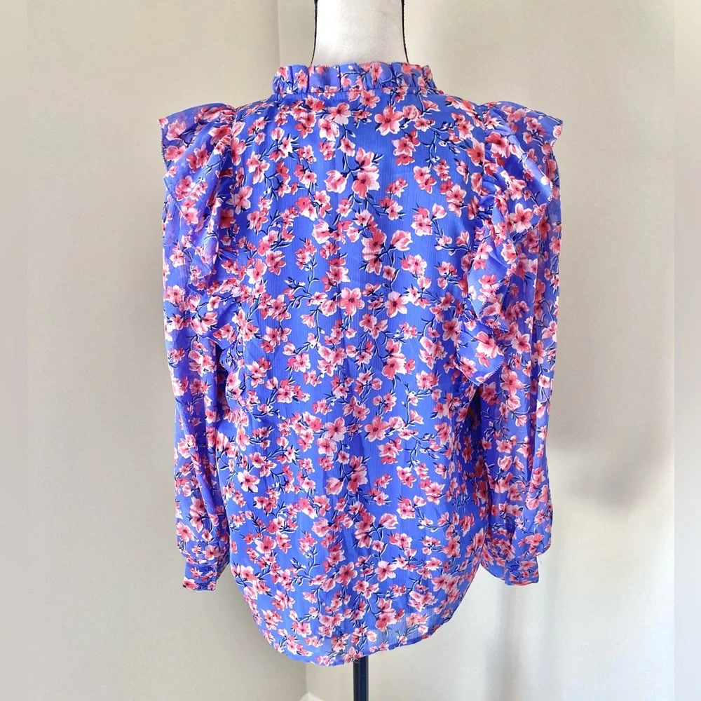 Ann Taylor Cherry Blossom Floral Ruffle Long Sleeve Blouse Size S - Picture 7 of 8